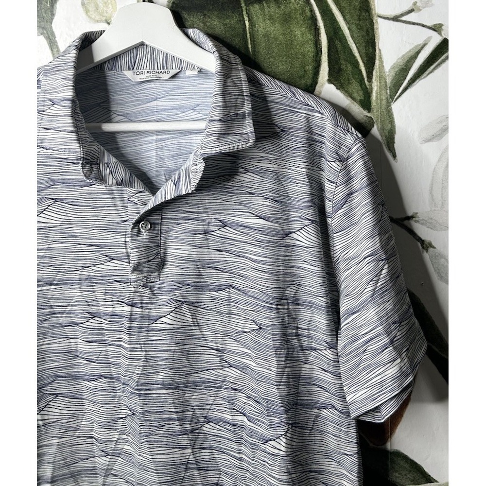 Tori Richard Polo Shirt Mens Large Tradewind Technology S/S Blue White Geometric - Picture 3 of 5